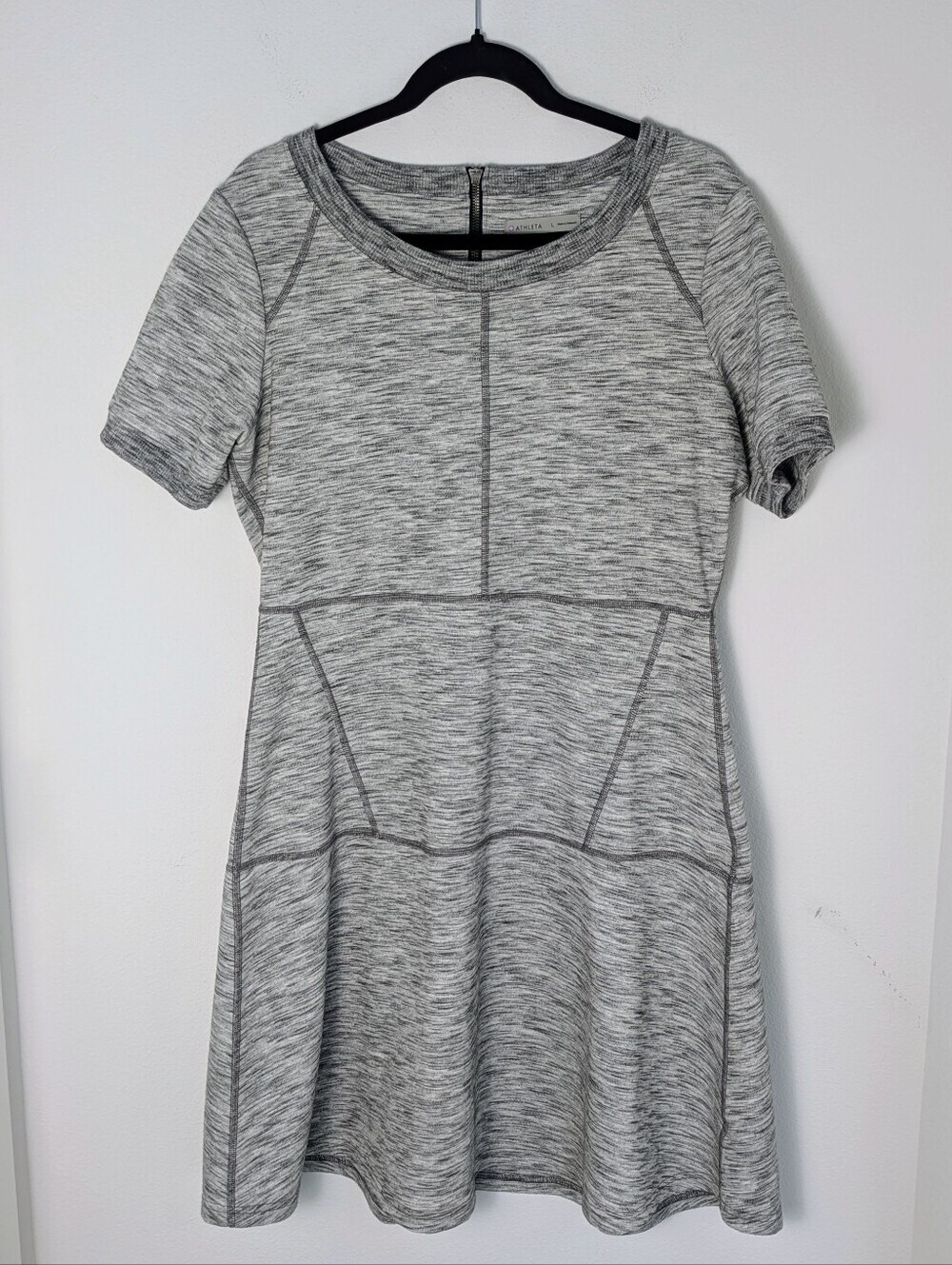 Athleta Large Gray Textured En Route Ponte Short Sleeve Fit & Flare Dress Casual